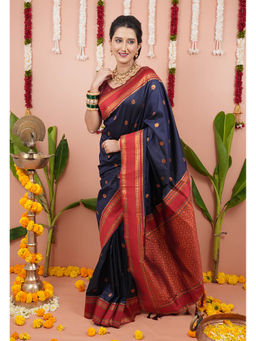 KALAASHREE - Navy Blue Soft Silk Floral Motifs Saree With Unstitched Blouse