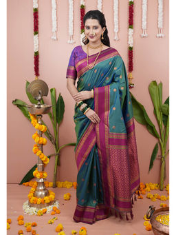 KALAASHREE - Green Soft Silk Floral Motifs Saree With Unstitched Blouse