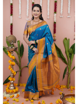 KALAASHREE - Blue Gold Soft Silk Floral Motifs Saree With Unstitched Blouse