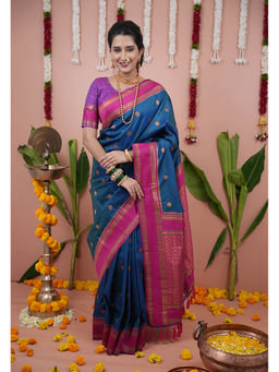 KALAASHREE - Blue Pink Soft Silk Floral Motifs Saree With Unstitched Blouse