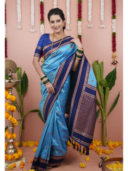 KALAASHREE - Blue Soft Silk Floral Motifs Saree With Unstitched Blouse