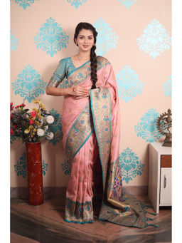 KALAASHREE - Baby Pink Paithani Gold Zari Peacock Motif Saree With Unstitched Blouse