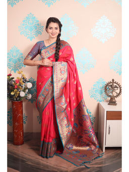 KALAASHREE - Pink Paithani Gold Zari Peacock Motif Saree With Unstitched Blouse