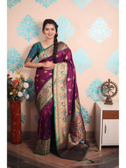 KALAASHREE - Purple Paithani Gold Zari Peacock Motif Saree With Unstitched Blouse
