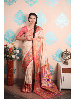 KALAASHREE - Ivory Paithani Gold Zari Peacock Motif Saree With Unstitched Blouse