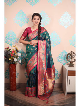 KALAASHREE - Green Paithani Gold Zari Peacock Motif Saree With Unstitched Blouse