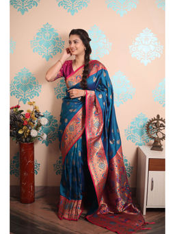 KALAASHREE - Navy Blue Paithani Gold Zari Peacock Motif Saree With Unstitched Blouse