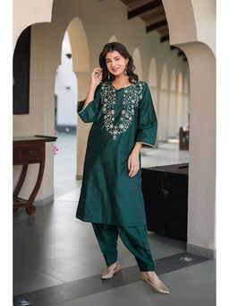 Label Shaurya Sanadhya - Bottle Green Kurta Embroidery Co-Ord Set