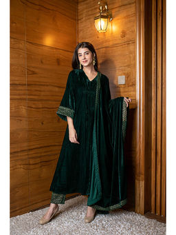 Label Shaurya Sanadhya - Bottle Green Velvet A Line Kurta With Pant And Dupatta