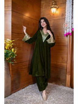 Label Shaurya Sanadhya - Dark Olive Sequin Work Bell Sleeves Co-Ord Set