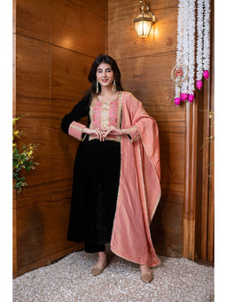 Label Shaurya Sanadhya - Velvet Black Heavy Neck Work Kurta with Pant and Dupatta