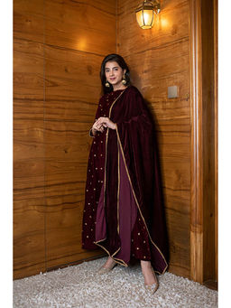 Label Shaurya Sanadhya - Maroon Velvet A Line Kurta With Pant And Dupatta