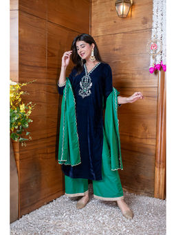 Label Shaurya Sanadhya - Velvet Navy Blue and Green Embroidered Kurta with Palazzo and Dupatta