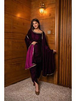 Label Shaurya Sanadhya - Wine Velvet Kurta With Dhoti Pant And Dupatta Hand Work