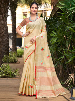 Sangam Prints - Cream Linen Embroidered Tassels Saree with Unstitched Blouse