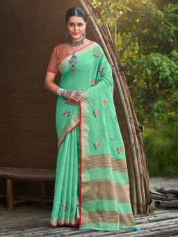 Sangam Prints - Sea Green Linen Embroidered Tassels Saree with Unstitched Blouse