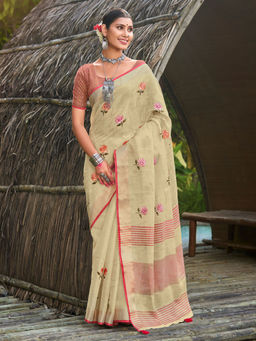 Sangam Prints - Beige Linen Embroidered Tassels Saree with Unstitched Blouse
