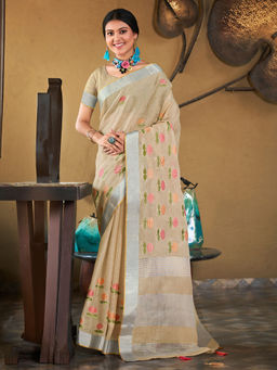Sangam Prints - Cream Linen Embroidered Tassels Saree with Unstitched Blouse