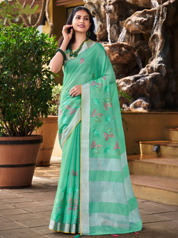 Sangam Prints - Sea Green Linen Embroidered Tassels Saree with Unstitched Blouse