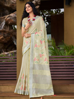Sangam Prints - Cream Linen Embroidered Tassels Saree with Unstitched Blouse