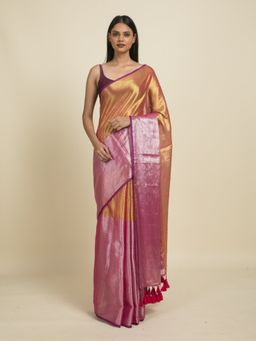 Suta - Red Golden Silver Cotton Zari Saree