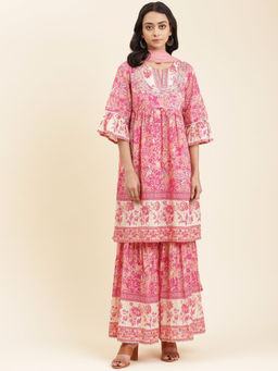 Aarke Ritu Kumar - Pink Printed Kurta With Sharara And Dupatta (Set of 3)