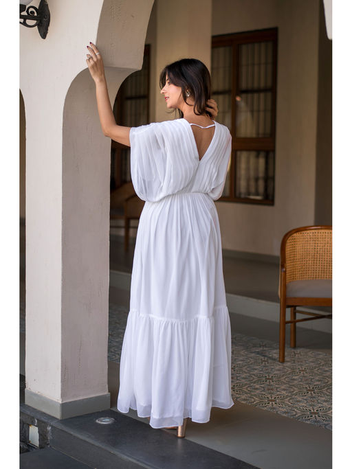 Buy Label Shaurya Sanadhya White Pleated Layered Maxi Dress Online