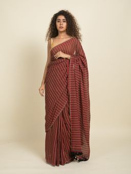 Suta - Yellow and Green Stripes On Brown Cotton Saree