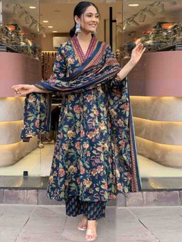 ART AVENUE - Blue Women Floral Mirror Work Anarkali with Palazzo and Dupatta