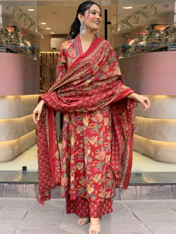 ART AVENUE - Red Women Floral Mirror Work Anarkali with Palazzo and Dupatta