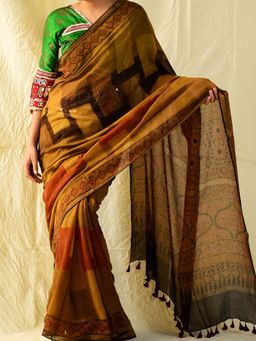 Sundarii - Mustard Saanjh Ajrakh Handloom Kota Doria Saree with Unstitched Blouse