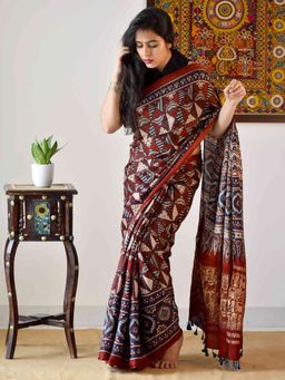 Sundarii - Maroon Pisces Ajrakh Hand Block Printed Saree with Unstitched Blouse