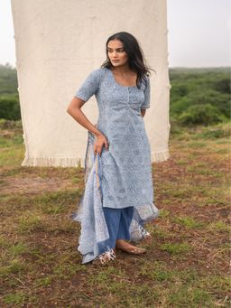 SRJANA - Blue Hand Block Printed Straight Kurta With Pant And Dupatta