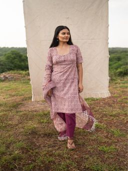 SRJANA - Mauve Hand Block Printed Straight Kurta With Pant And Dupatta