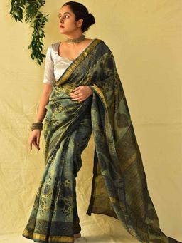 Sundarii - Blue Meet Dabu Maheshwari Silk Saree with Unstitched Blouse