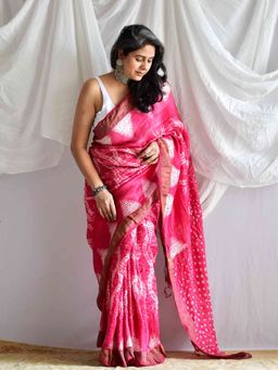 Sundarii - Sundari Pink Phaalse Linen Shibori Saree with Unstitched Blouse