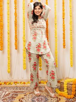 Ishnya - Aafreen- Sage Green Floral Printed Co-Ord Set