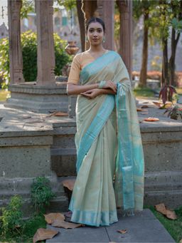 MAAHISHMATI SAREES - Light Green Handloom Tissue Silk Saree with Unstitched Blouse
