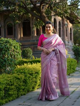 MAAHISHMATI SAREES - Pink Handloom Tissue Silk Saree with Unstitched Blouse