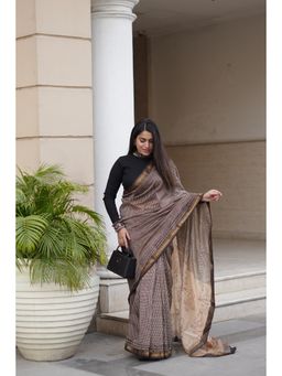 MAAHISHMATI SAREES - Brown Hand-Block Printed Silk By Cotton Saree with Unstitched Blouse