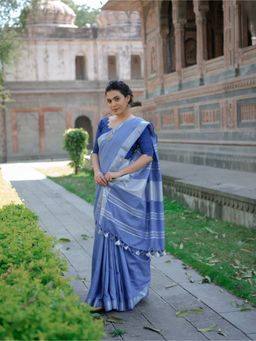 MAAHISHMATI SAREES - Blue Cotton Saree with Unstitched Blouse