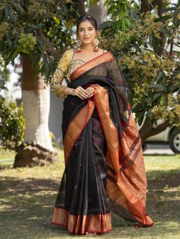 MAAHISHMATI SAREES - Black Handloom Silk By Cotton Saree with Unstitched Blouse