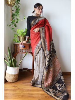 MAAHISHMATI SAREES - Brick Red Hand-Block Printed Silk By Cotton Saree with Unstitched Blouse