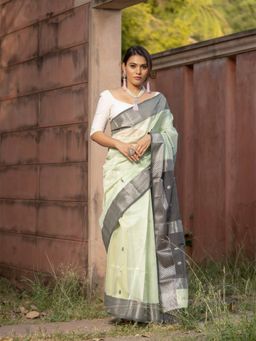 MAAHISHMATI SAREES - Green Handloom Silk By Cotton Saree with Unstitched Blouse
