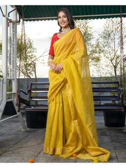 MAAHISHMATI SAREES - Yellow Handloom Silk By Cotton Saree with Unstitched Blouse