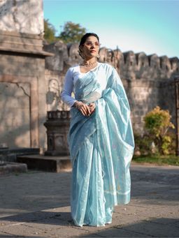 MAAHISHMATI SAREES - Blue Chanderi Handloom Silk By Cotton Saree with Unstitched Blouse