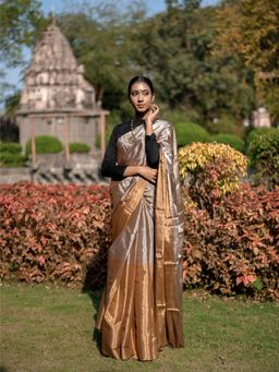 MAAHISHMATI SAREES - Gold Chanderi Handloom Tissue Silk Saree with Unstitched Blouse