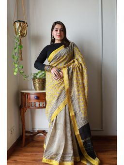 MAAHISHMATI SAREES - Yellow Hand-Block Printed Silk By Cotton Saree with Unstitched Blouse