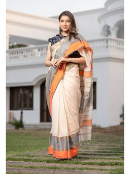 MAAHISHMATI SAREES - Cream Handloom Silk By Cotton Saree with Unstitched Blouse