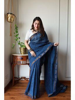 MAAHISHMATI SAREES - Blue Hand-Block Printed Silk By Cotton Saree with Unstitched Blouse